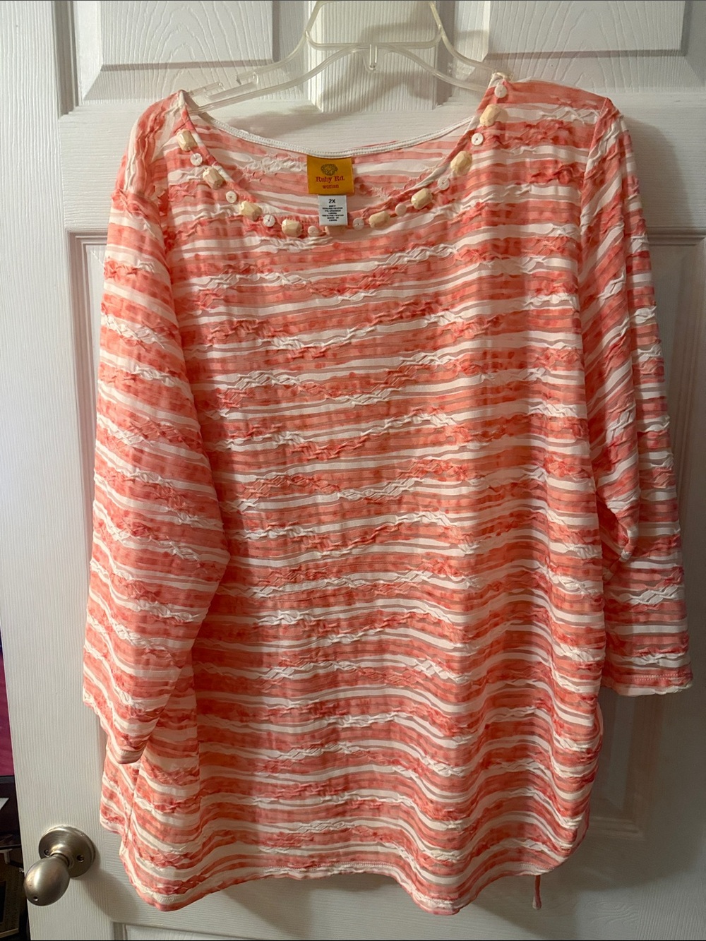 Ruby Rd. Coral and White Striped Ruffle-Detail Tunic